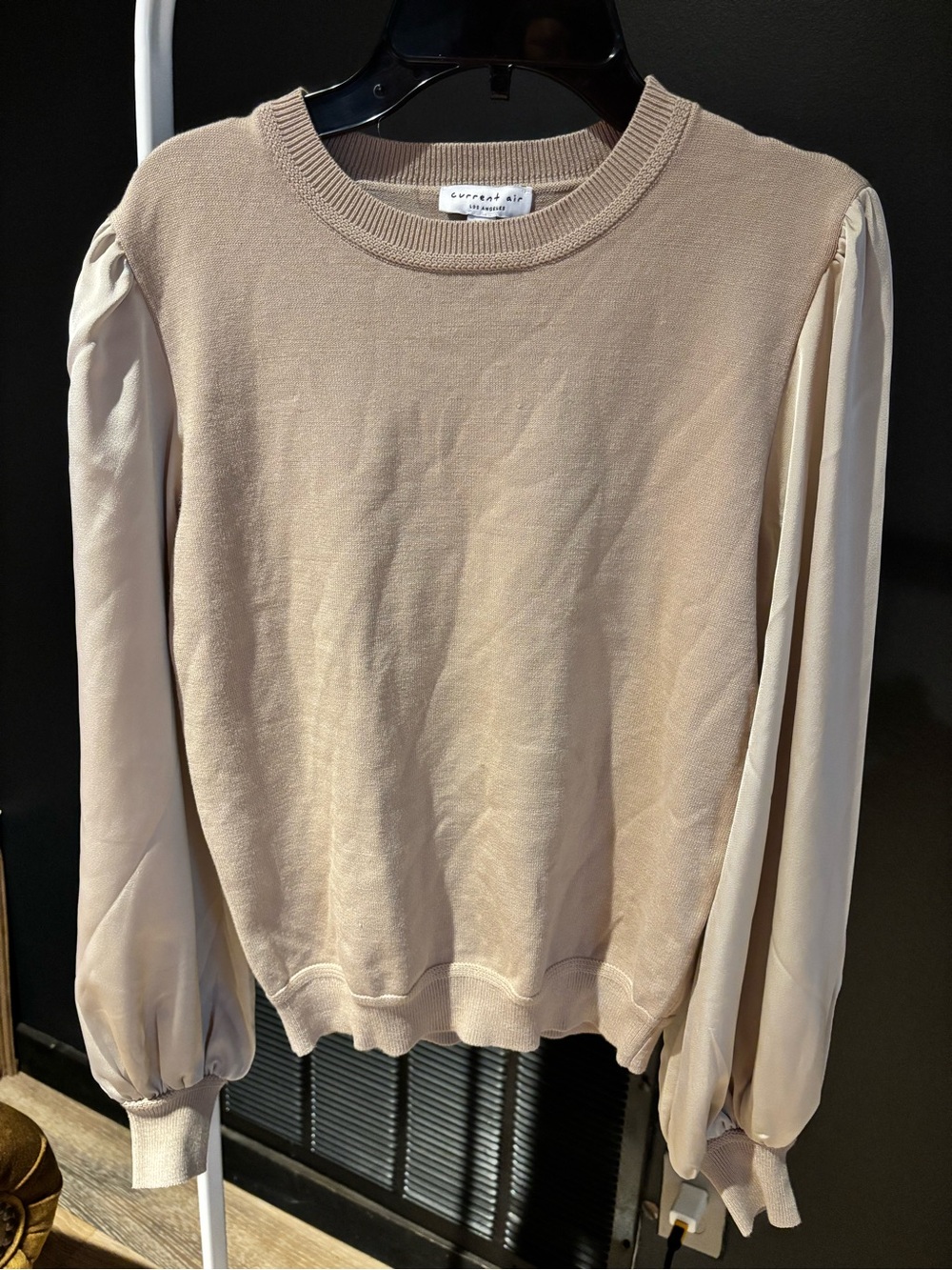 Current Air Beige Knit Sweater with Cream Chiffon Puff Sleeves